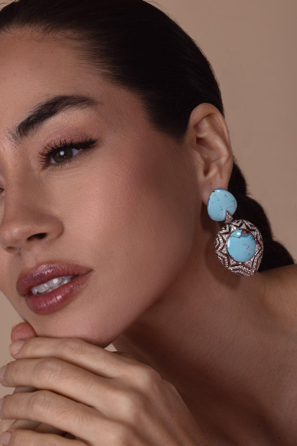 ARUNASHI-Turquoise Diamond Chevron Earrings-WHITE GOLD