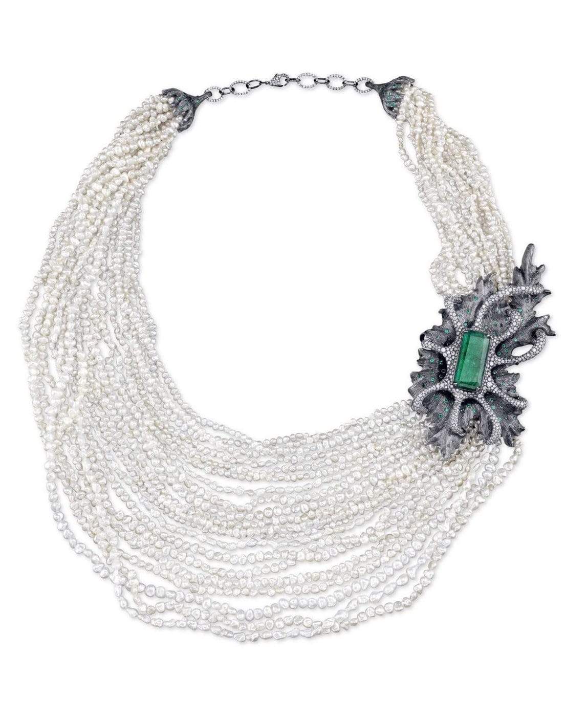 ARUNASHI-Pearl Strand Emerald Necklace-BLACK GOLD