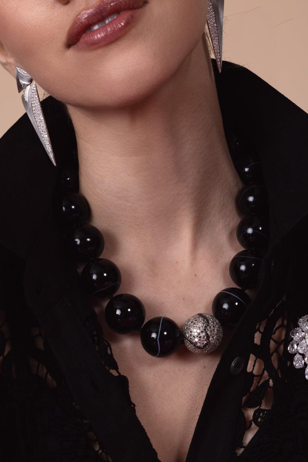 ARUNASHI-Black Banded Agate Necklace-WHITE GOLD