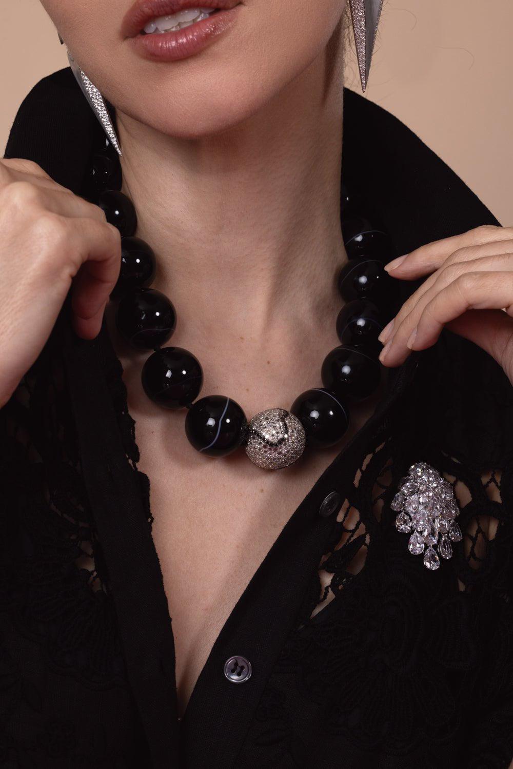 ARUNASHI-Black Banded Agate Necklace-WHITE GOLD