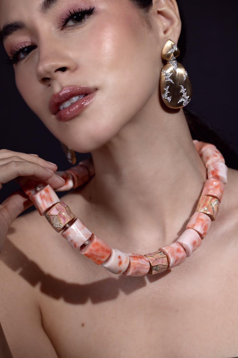 ARUNASHI-Coral Enamel Necklace-WHITE GOLD