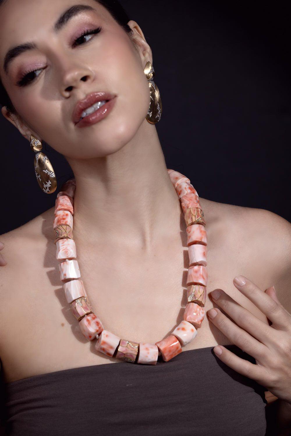 ARUNASHI-Coral Enamel Necklace-WHITE GOLD