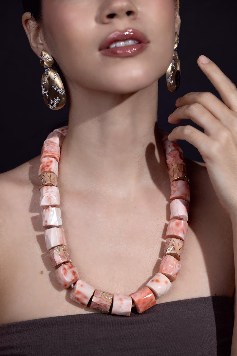 ARUNASHI-Coral Enamel Necklace-WHITE GOLD