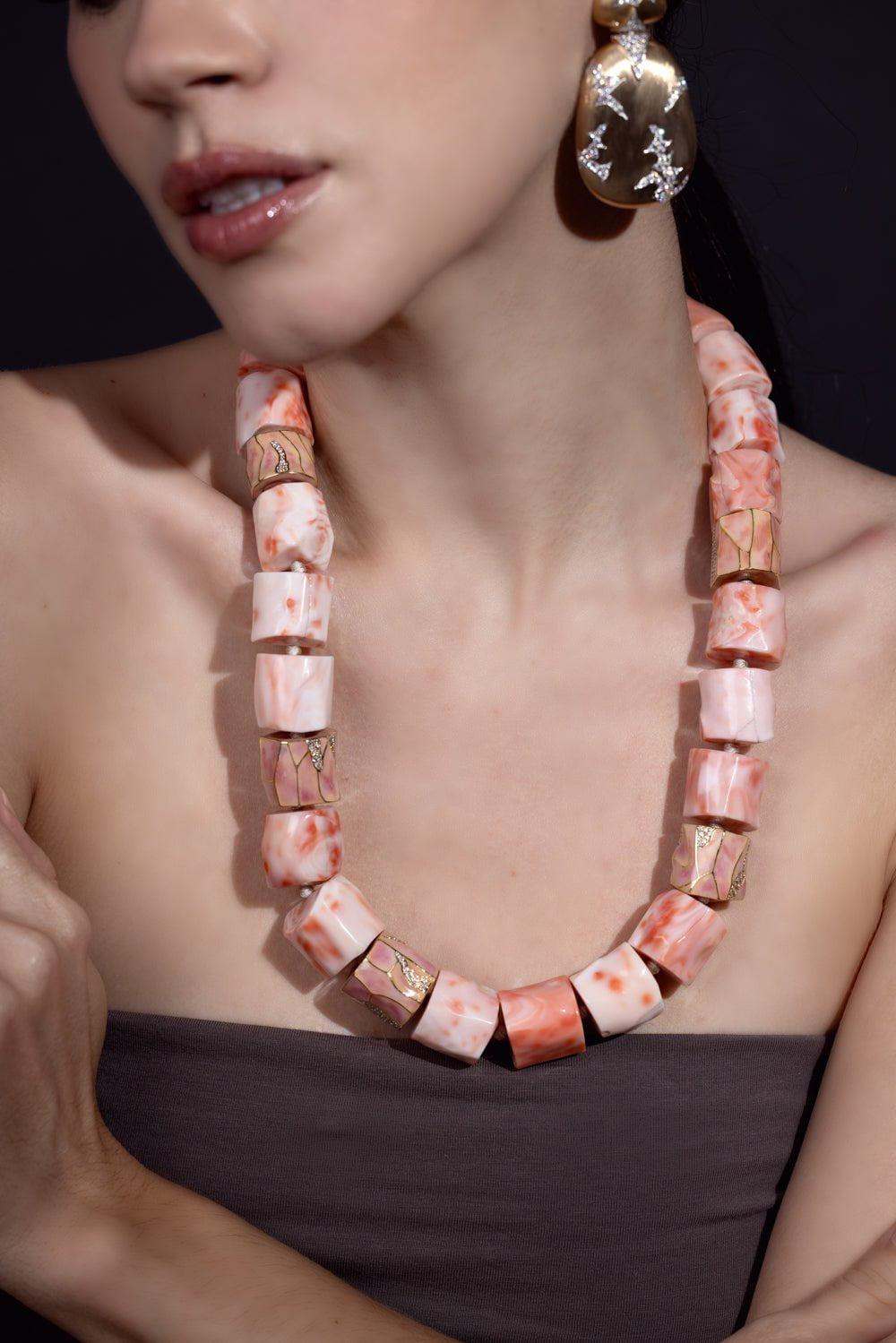 ARUNASHI-Coral Enamel Necklace-WHITE GOLD