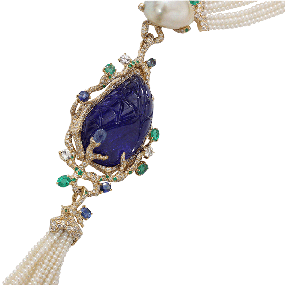 ARUNASHI-Carved Tanzanite Tassel Necklace-YELLOW GOLD