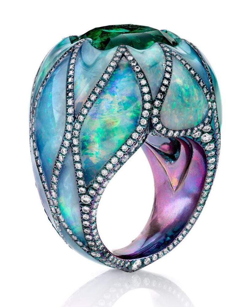 ARUNASHI-Emerald and Opal Flower Ring-WHITE GOLD