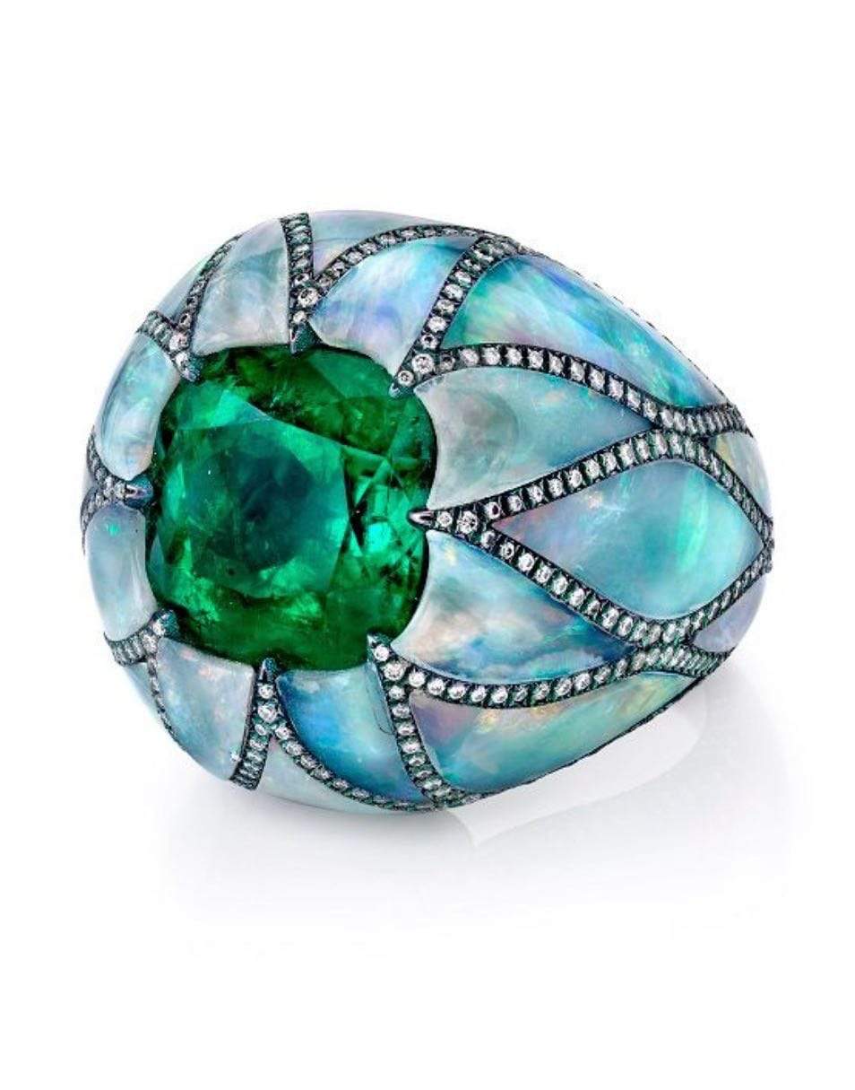 ARUNASHI-Emerald and Opal Flower Ring-WHITE GOLD