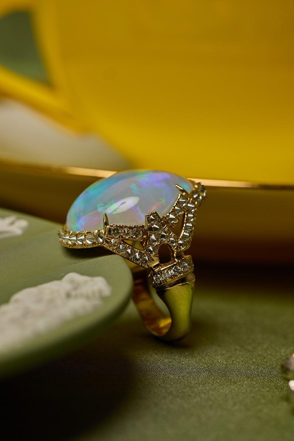 Diamond Opal Asian Deco Signature Ring-YELLOW GOLD-6.5-JEWELRYFINE JEWELRING-ARUNASHI