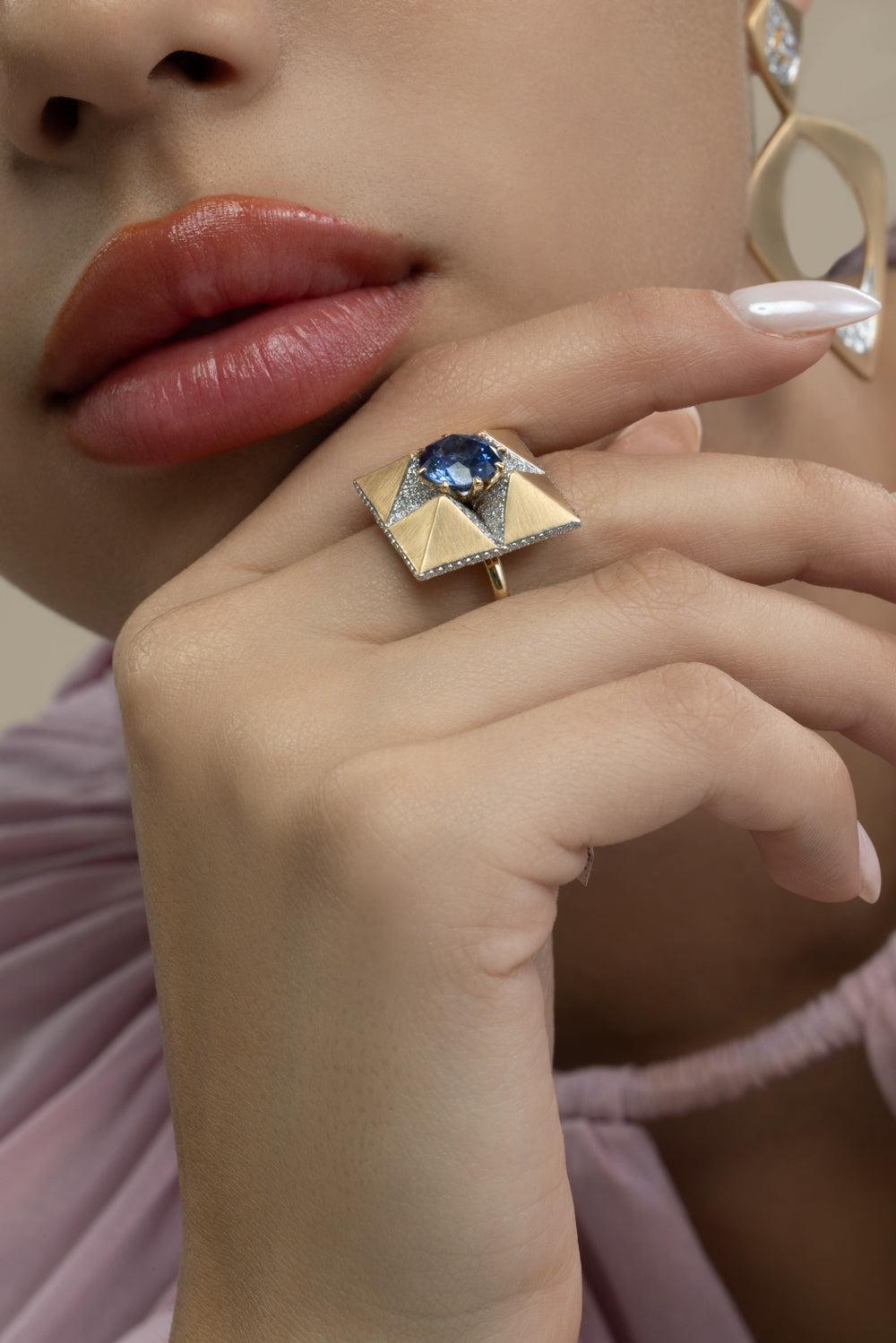 Sapphire The Fortune Teller Origami Ring-YELLOW GOLD-JEWELRYFINE JEWELRING-ARUNASHI