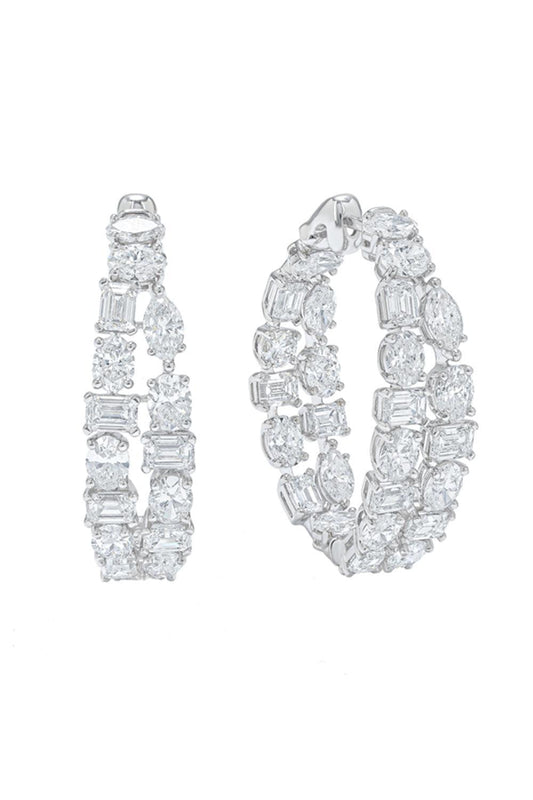 Diamond Multi-Shape Double Row Hoop Earrings-WHITE GOLD-JEWELRYFINE JEWELEARRING-ARZANO