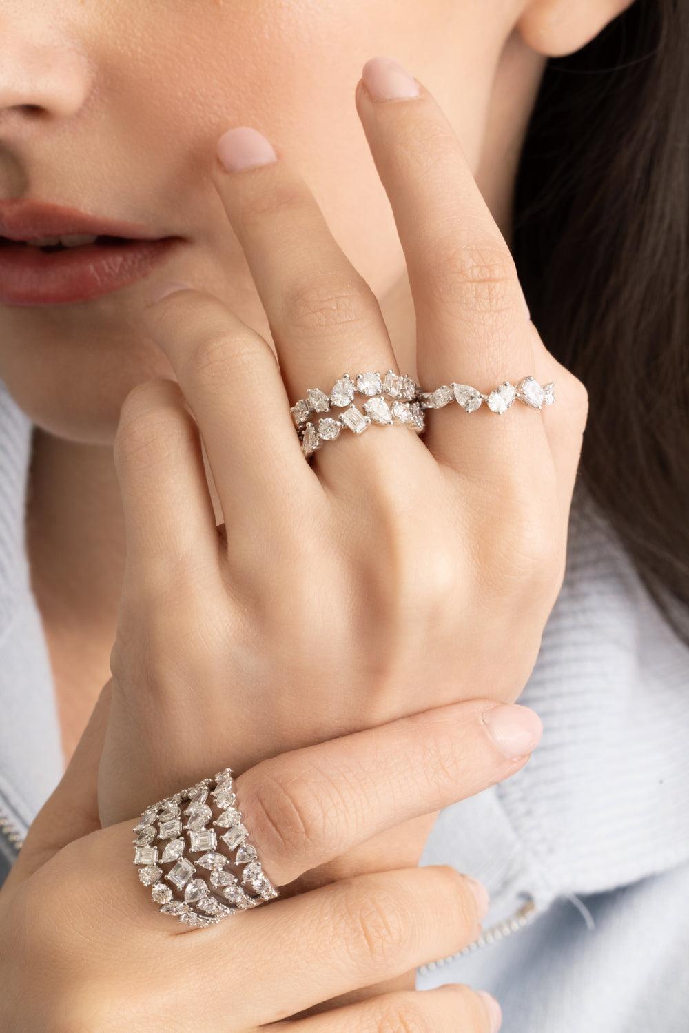 Multi Diamond Two Row Ring-WHITE GOLD-6.5-JEWELRYFINE JEWELRING-ARZANO