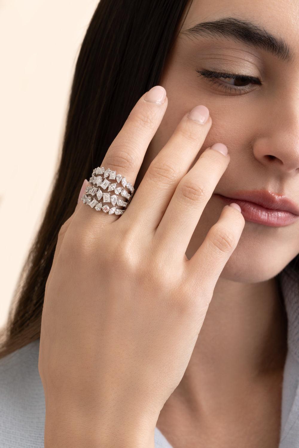 Multi Diamond Four Row Diamond Ring-WHITE GOLD-7-JEWELRYFINE JEWELRING-ARZANO