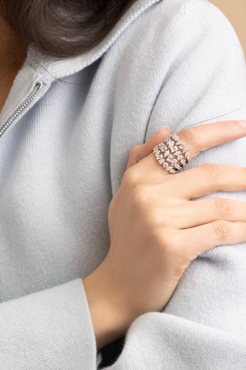 Multi Diamond Four Row Diamond Ring-WHITE GOLD-7-JEWELRYFINE JEWELRING-ARZANO