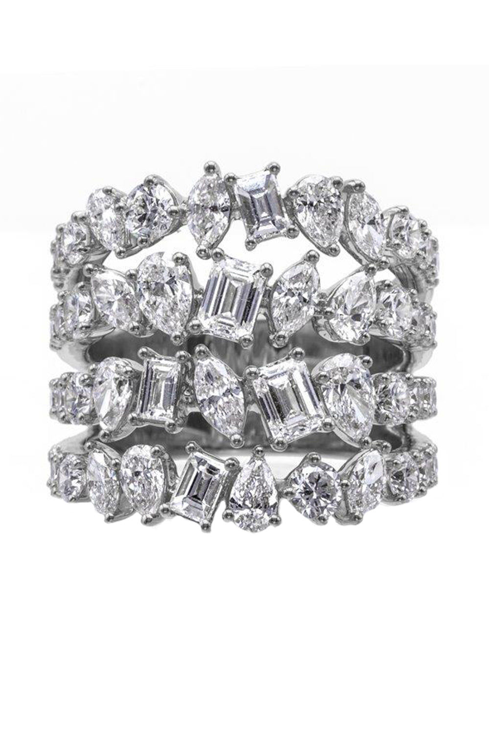 Multi Diamond Four Row Diamond Ring-WHITE GOLD-7-JEWELRYFINE JEWELRING-ARZANO