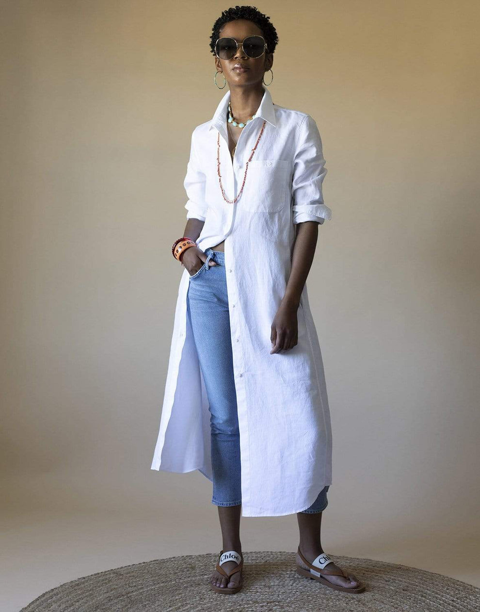 White Slub Linen Gabardine Shirt Dress White Slub Linen Gabardine Shirt Dress
