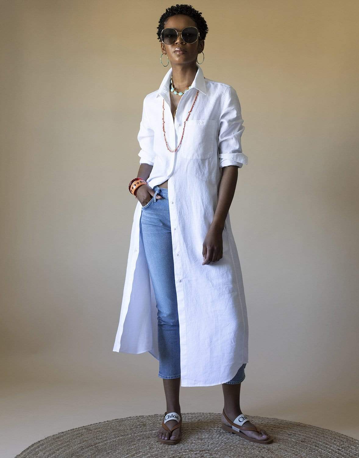 White Slub Linen Gabardine Shirt Dress