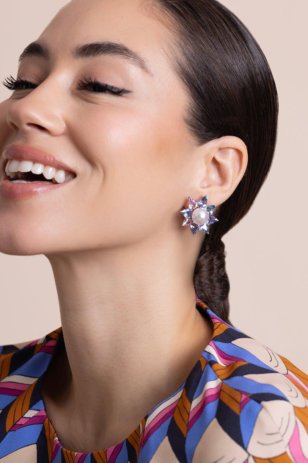 ASSAEL-Sapphire Pearl Flower Earrings-WHITE GOLD