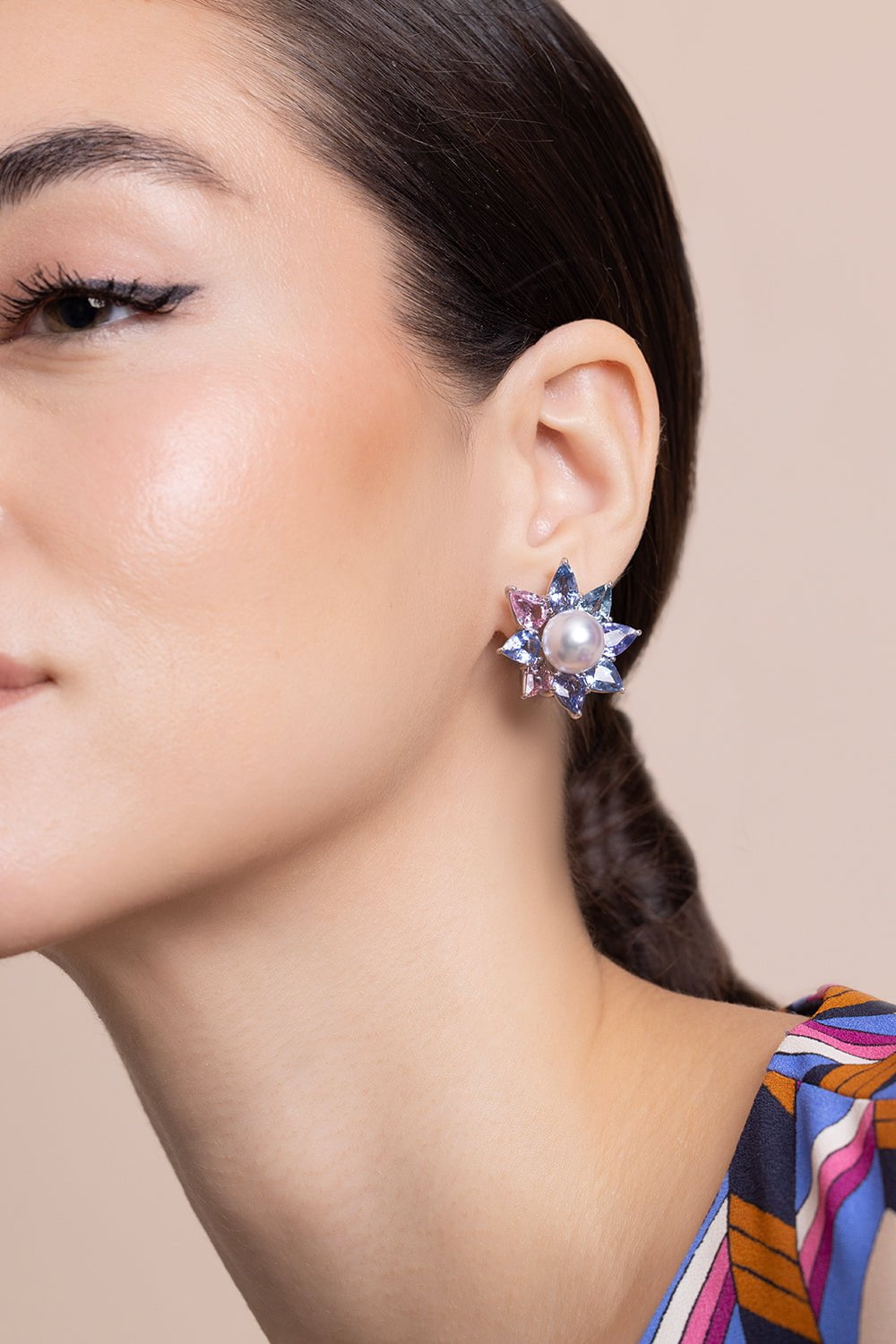 ASSAEL-Sapphire Pearl Flower Earrings-WHITE GOLD