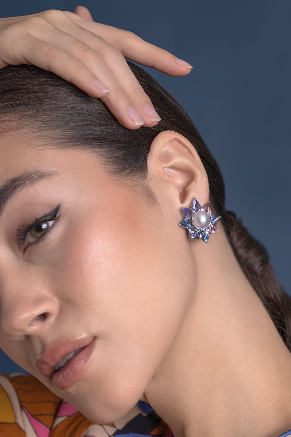 ASSAEL-Sapphire Pearl Flower Earrings-WHITE GOLD