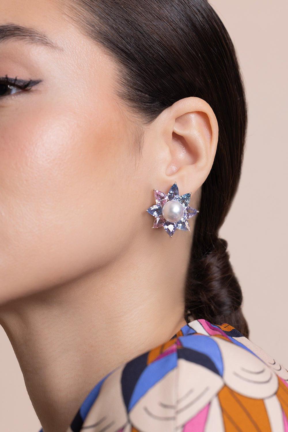 ASSAEL-Sapphire Pearl Flower Earrings-WHITE GOLD