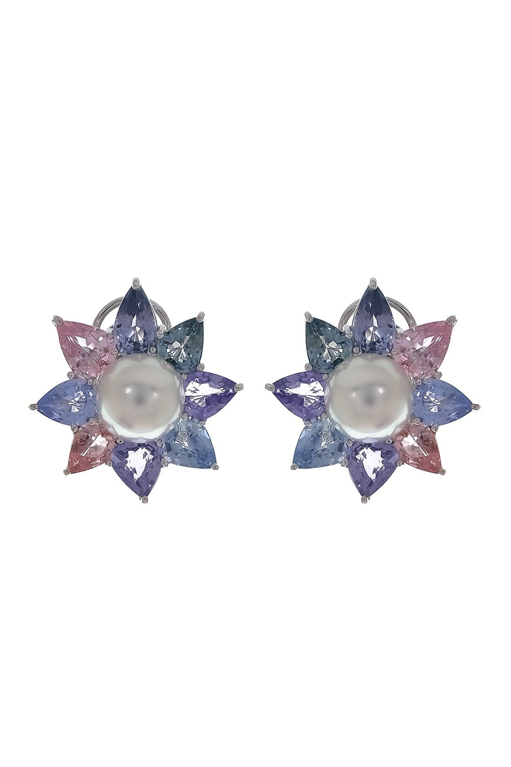 ASSAEL-Sapphire Pearl Flower Earrings-WHITE GOLD