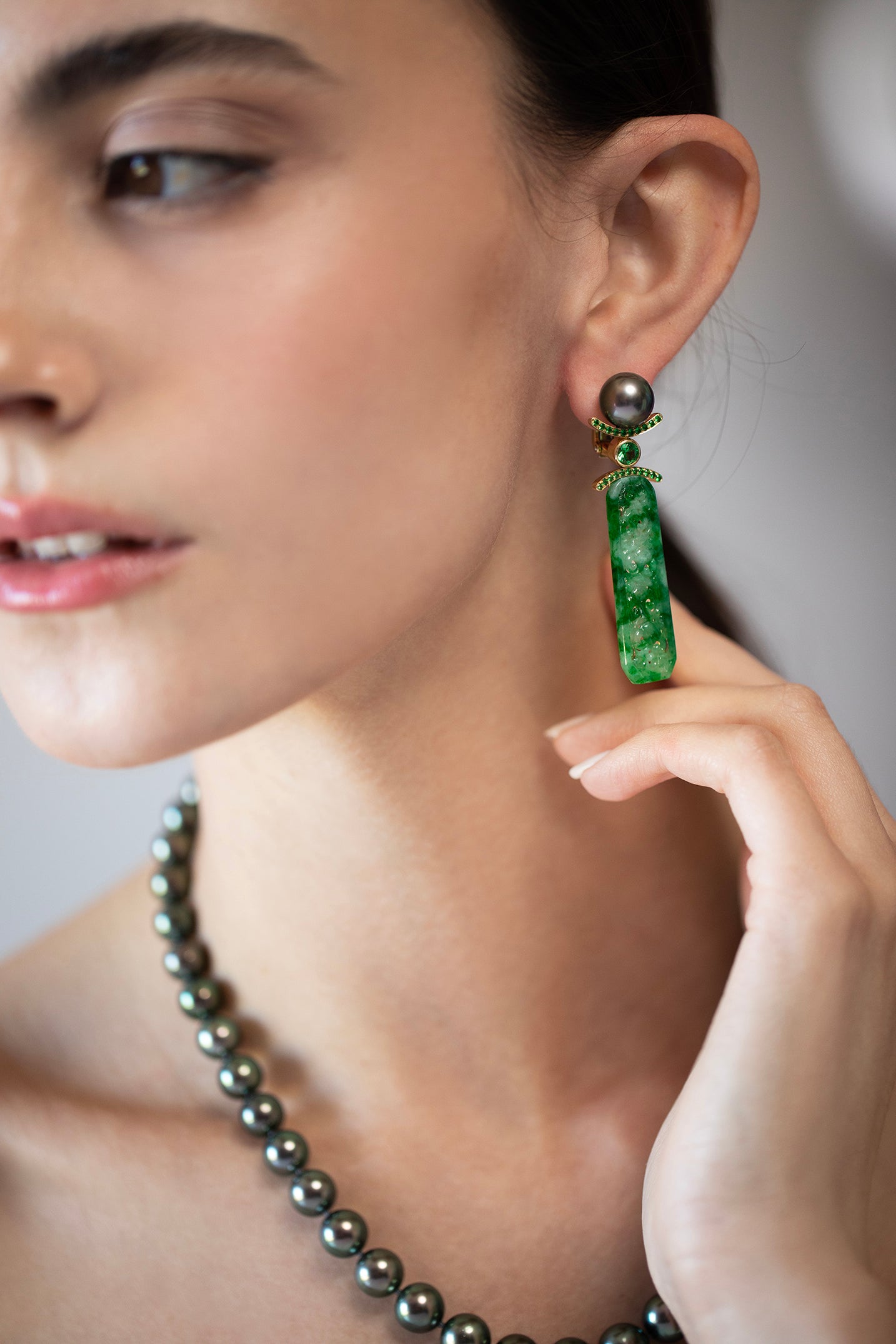 ASSAEL-Carved Jade Tahitian Pearl Earrings-YELLOW GOLD