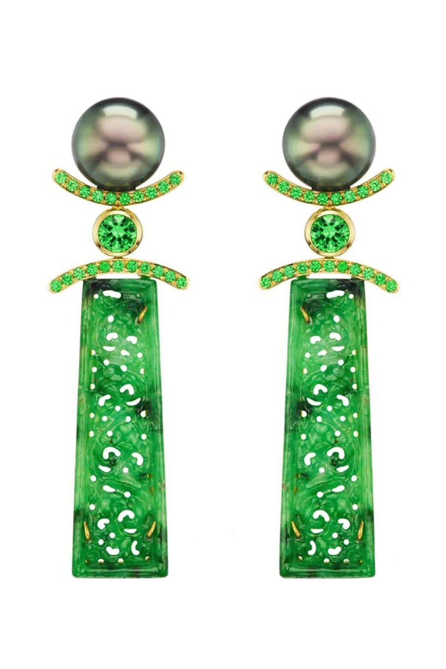 ASSAEL-Carved Jade Tahitian Pearl Earrings-YELLOW GOLD