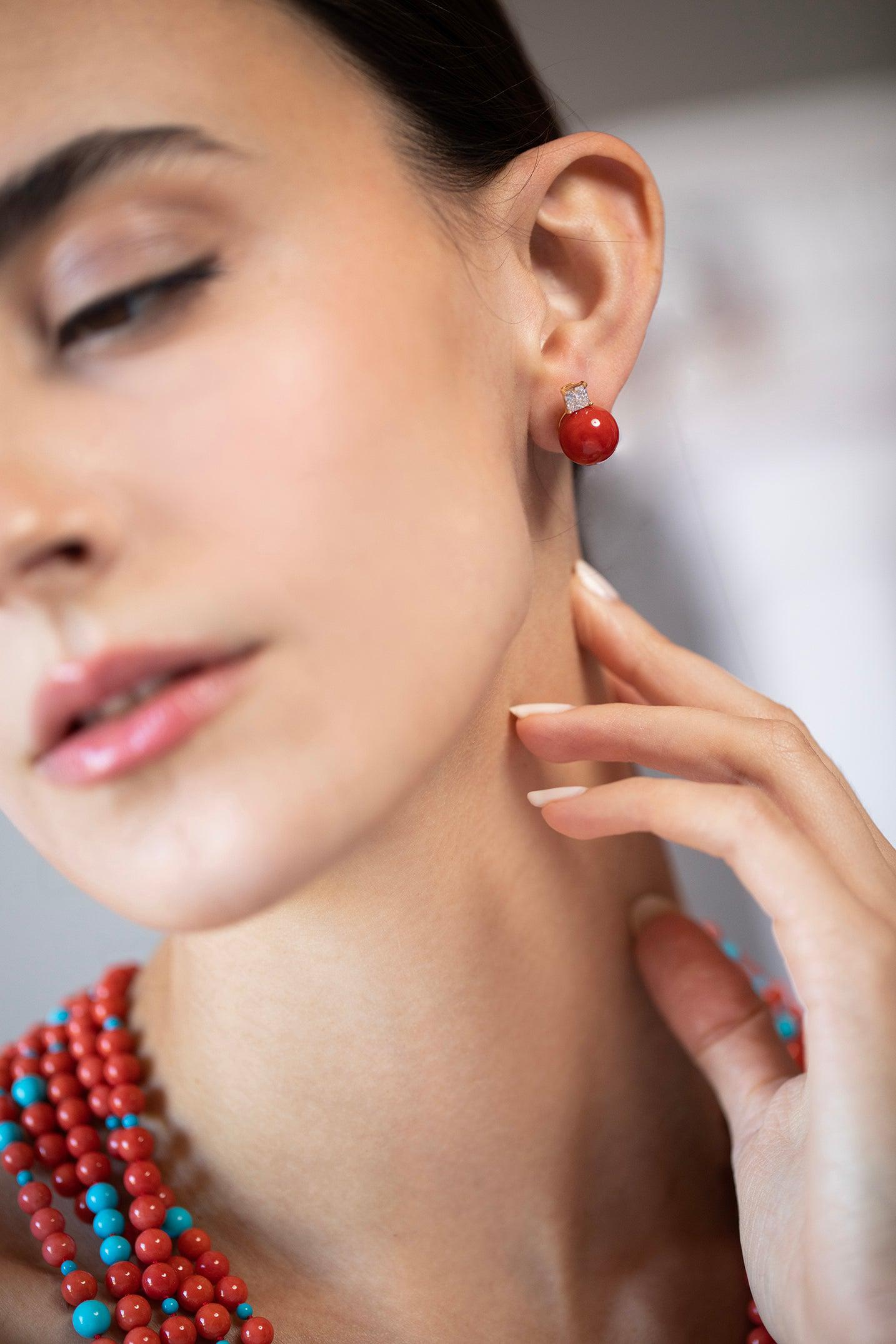 ASSAEL-Sardinian Coral Diamond Studs-YELLOW GOLD