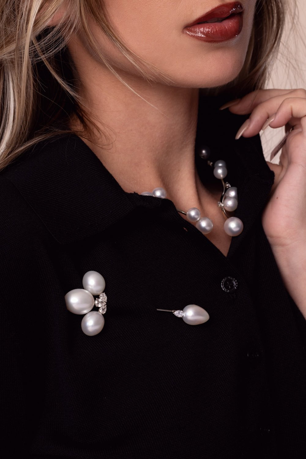 ASSAEL-South Sea Cultured Pearl Diamond Jabot Pin-WHITE GOLD