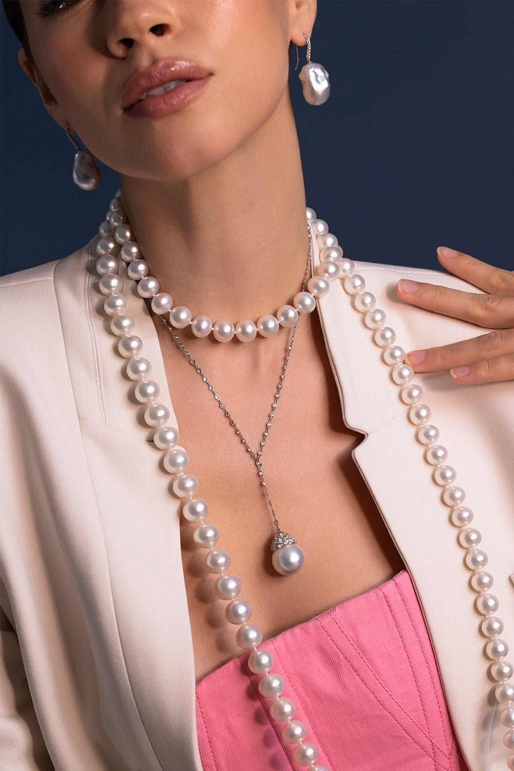 ASSAEL-Diamond Pearl Lariat Necklace-WHITE GOLD