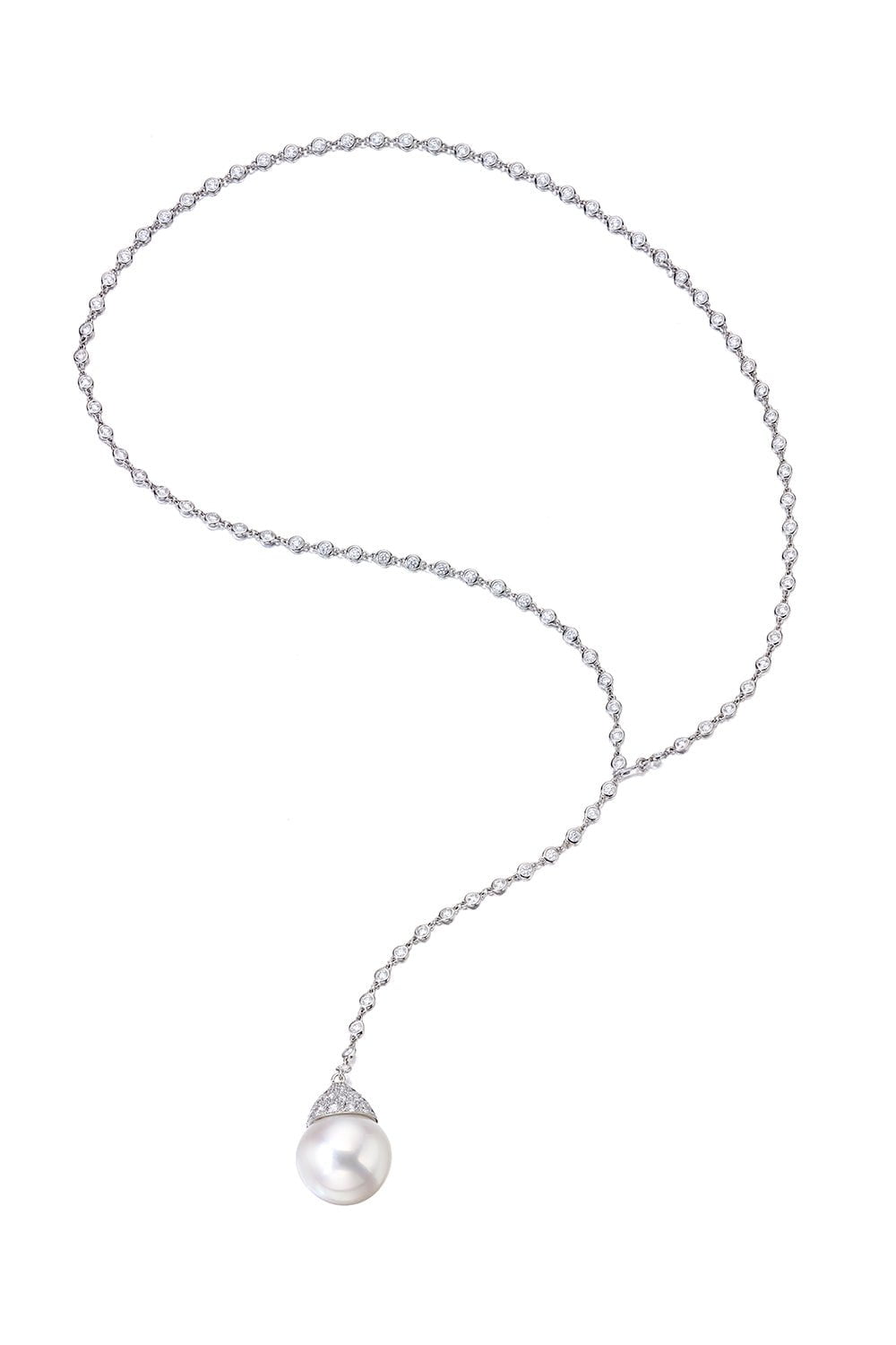 ASSAEL-Diamond Pearl Lariat Necklace-WHITE GOLD