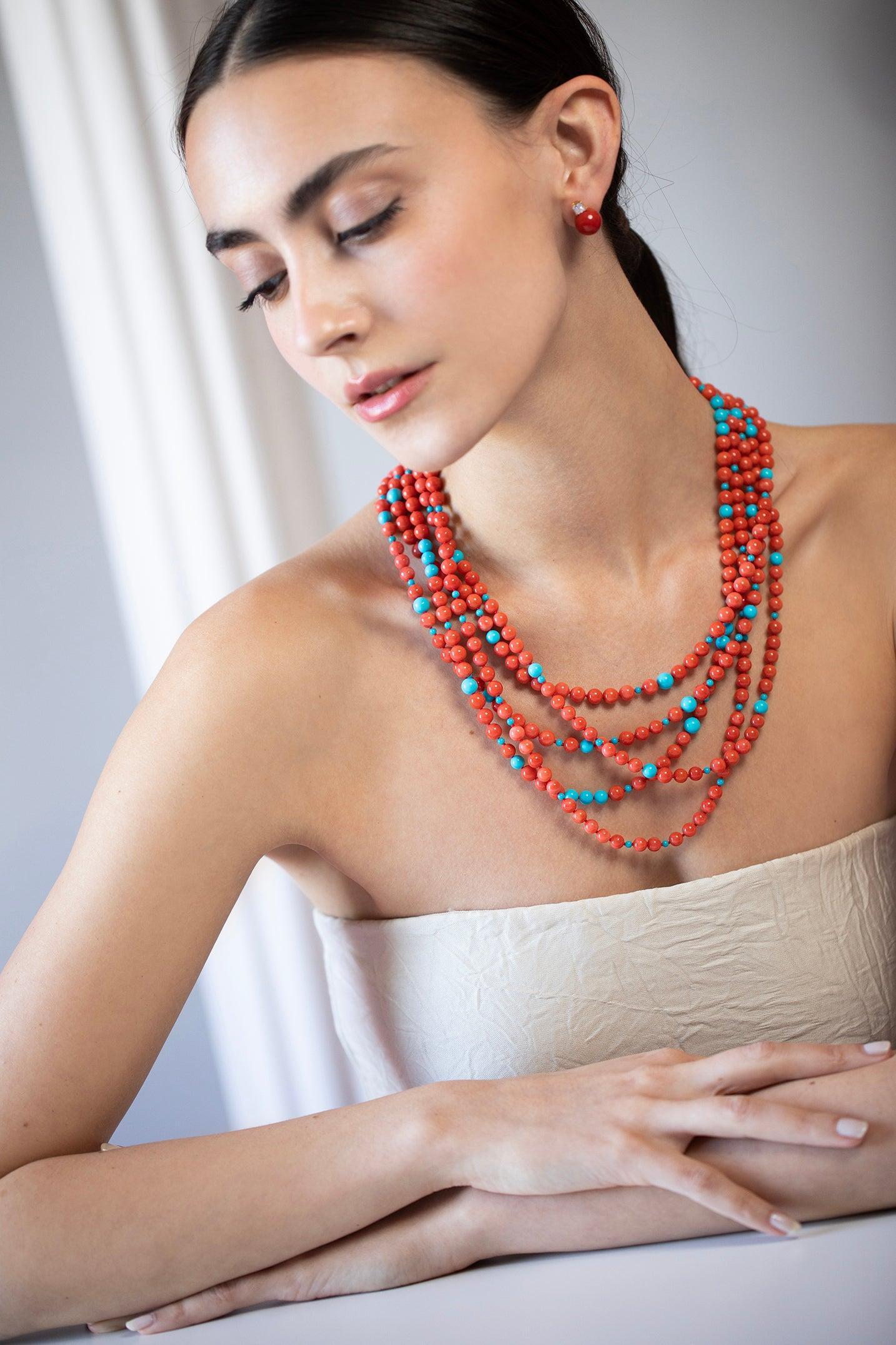 ASSAEL-Sardinian Coral Turquoise Bead Necklace-YELLOW GOLD
