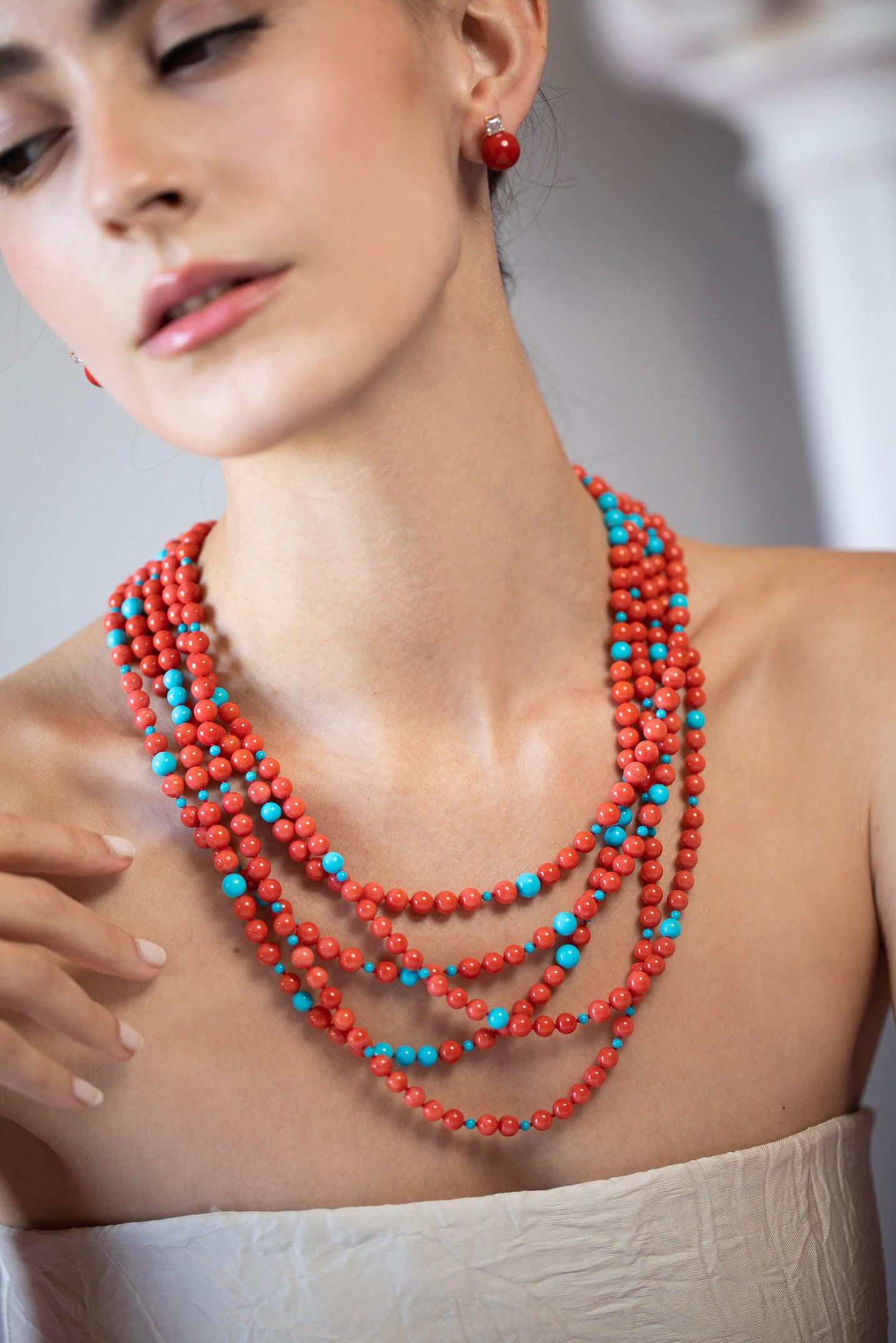 ASSAEL-Sardinian Coral Turquoise Bead Necklace-YELLOW GOLD