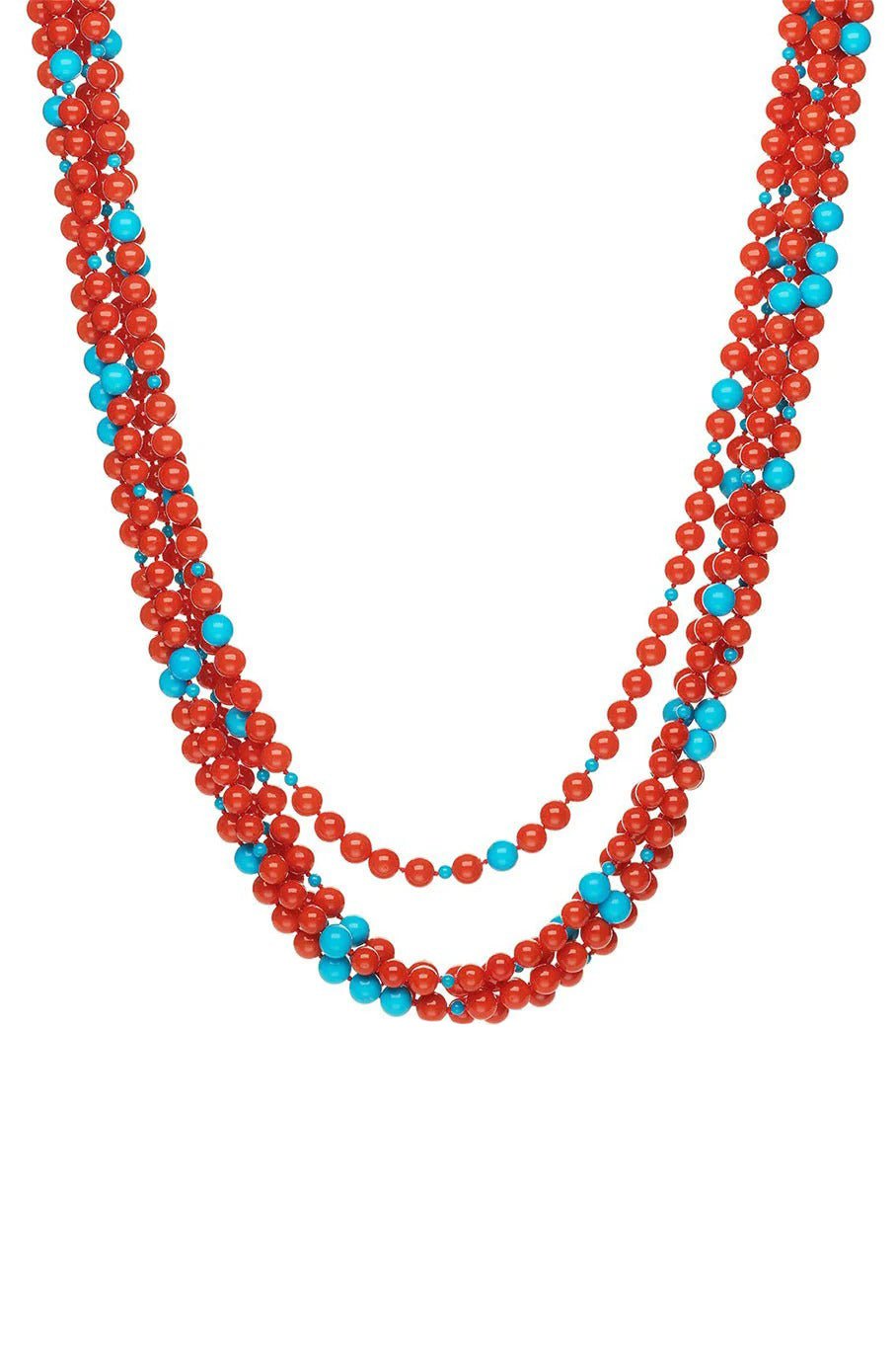 ASSAEL-Sardinian Coral Turquoise Bead Necklace-YELLOW GOLD