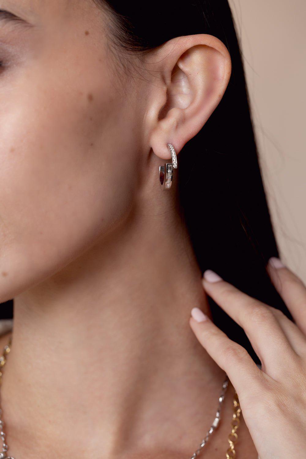 AZLEE-Pave and Baguette Diamond Hoops-WHITE GOLD