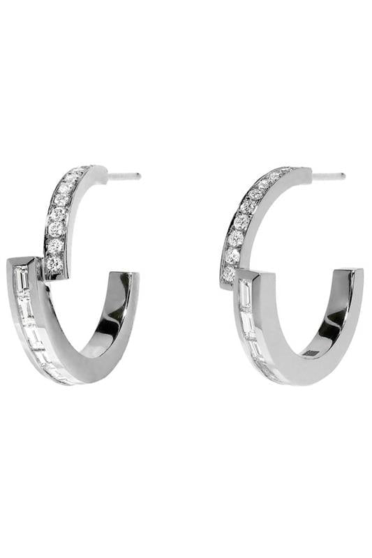 AZLEE-Pave and Baguette Diamond Hoops-WHITE GOLD