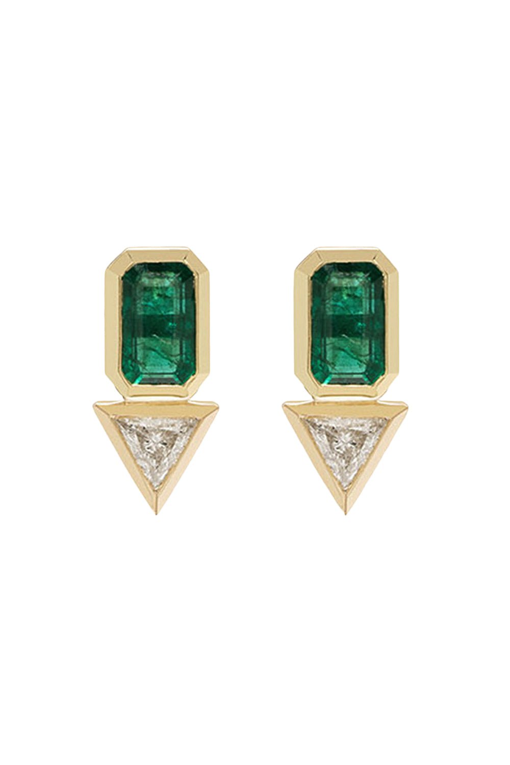 AZLEE-Emerald Trillion Diamond Stud Earrings-YELLOW GOLD