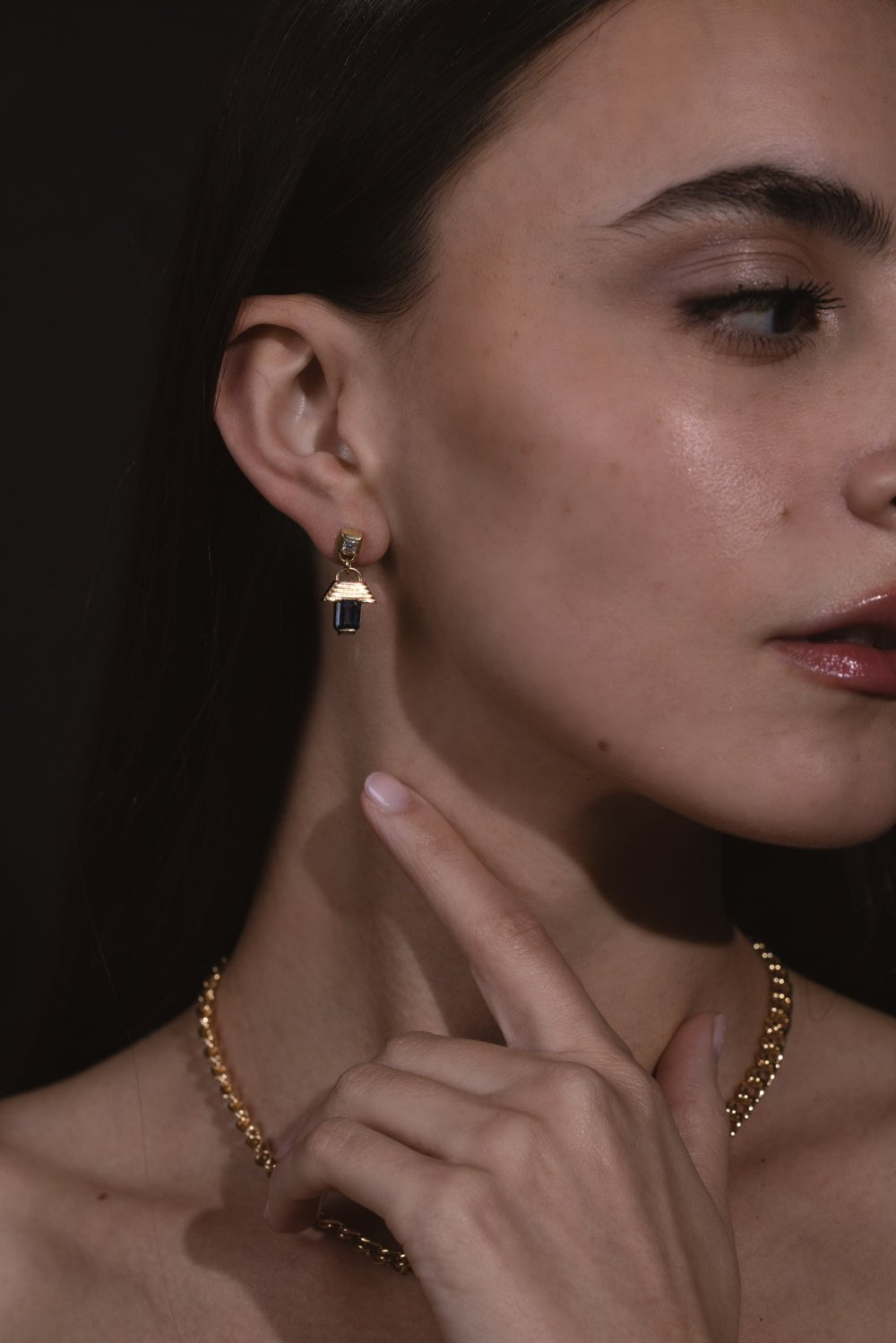 AZLEE-Escalier Large Sapphire Drop Earrings-YELLOW GOLD