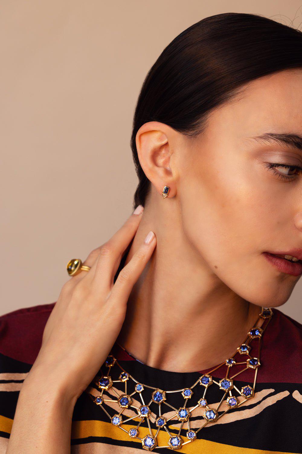 AZLEE-Sapphire Trillion Diamond Stud Earrings-YELLOW GOLD