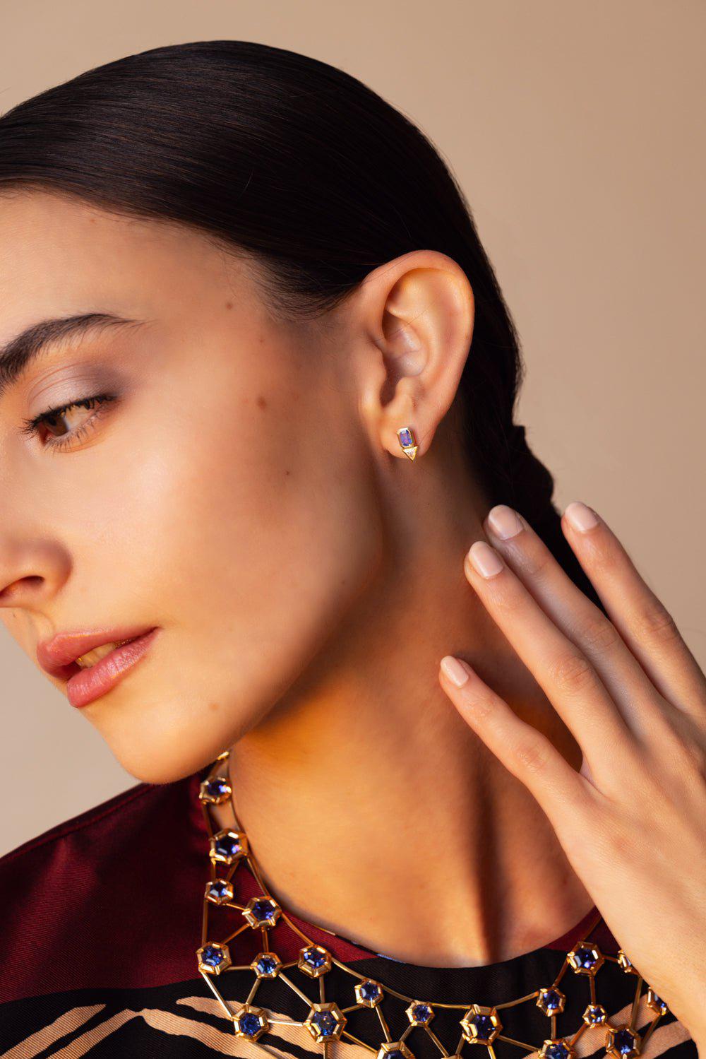 AZLEE-Sapphire Trillion Diamond Stud Earrings-YELLOW GOLD