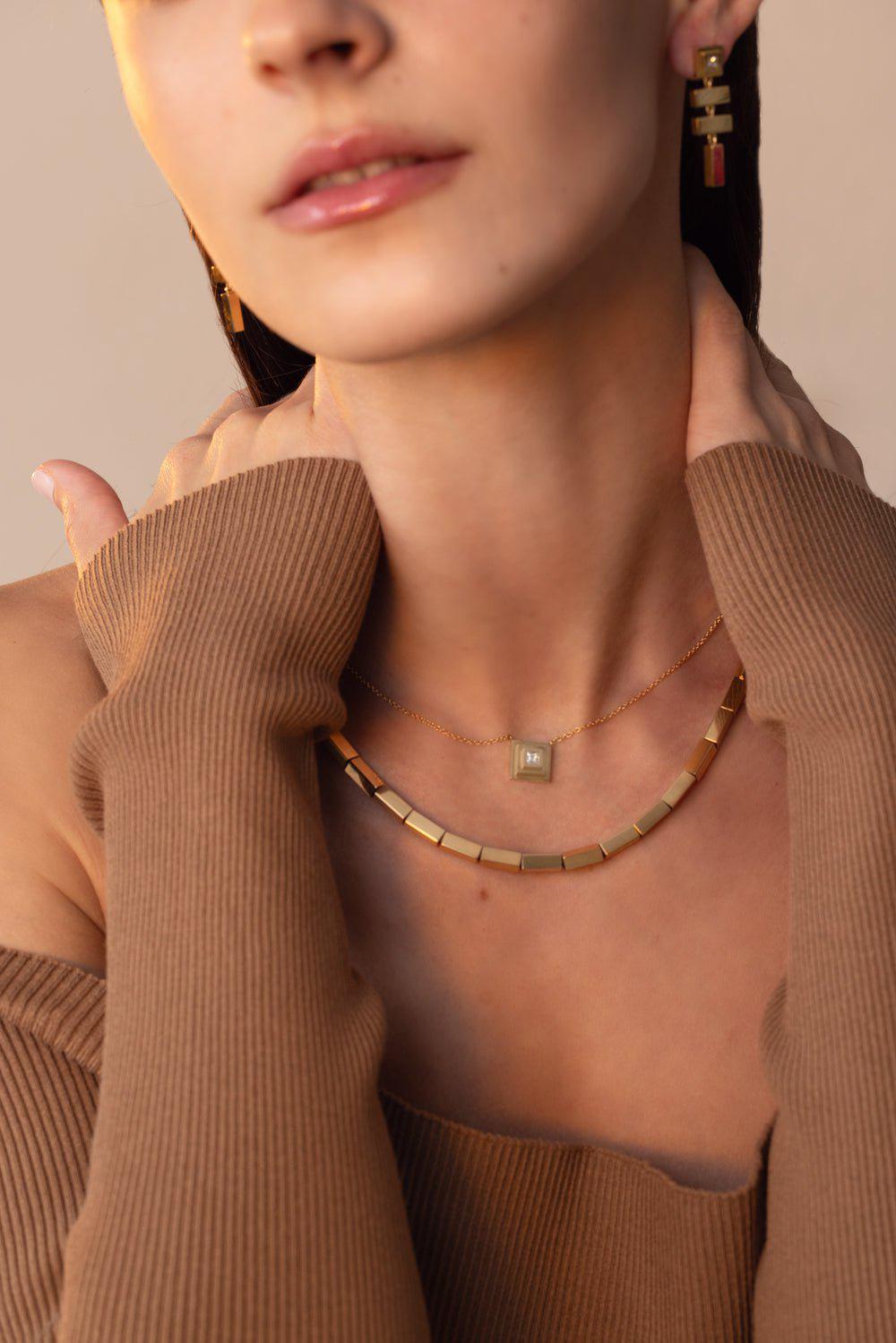 AZLEE-Carre Diamond Staircase Necklace-YELLOW GOLD