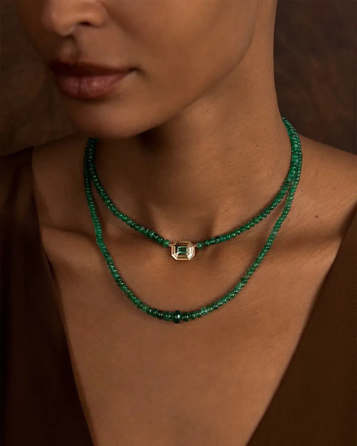 AZLEE-Emerald Bead Staircase Necklace-YELLOW GOLD