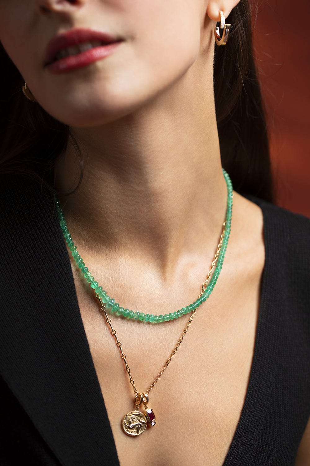 AZLEE-Rich Emerald Bead Necklace-YELLOW GOLD
