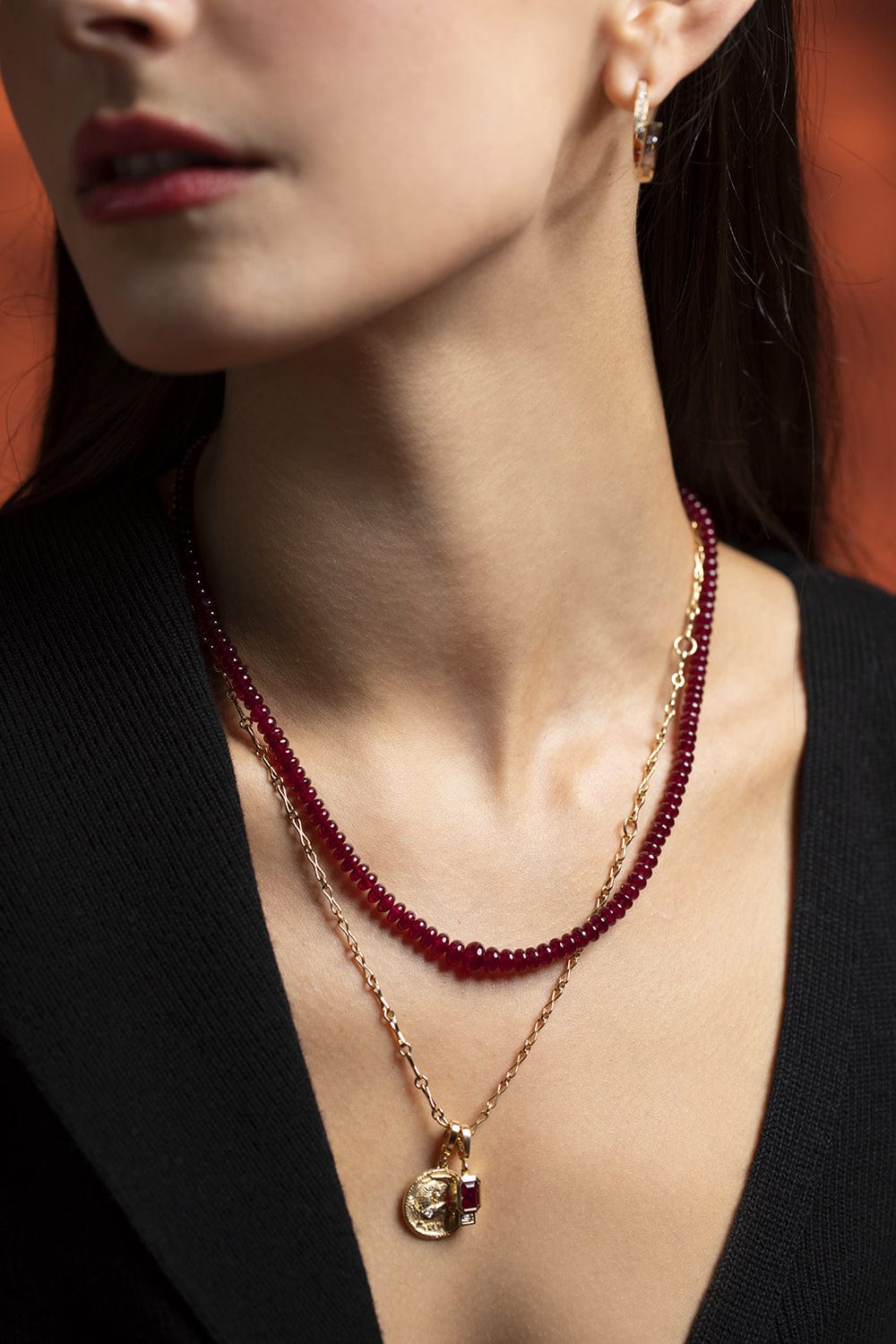 AZLEE-Rich Ruby Bead Necklace-YELLOW GOLD
