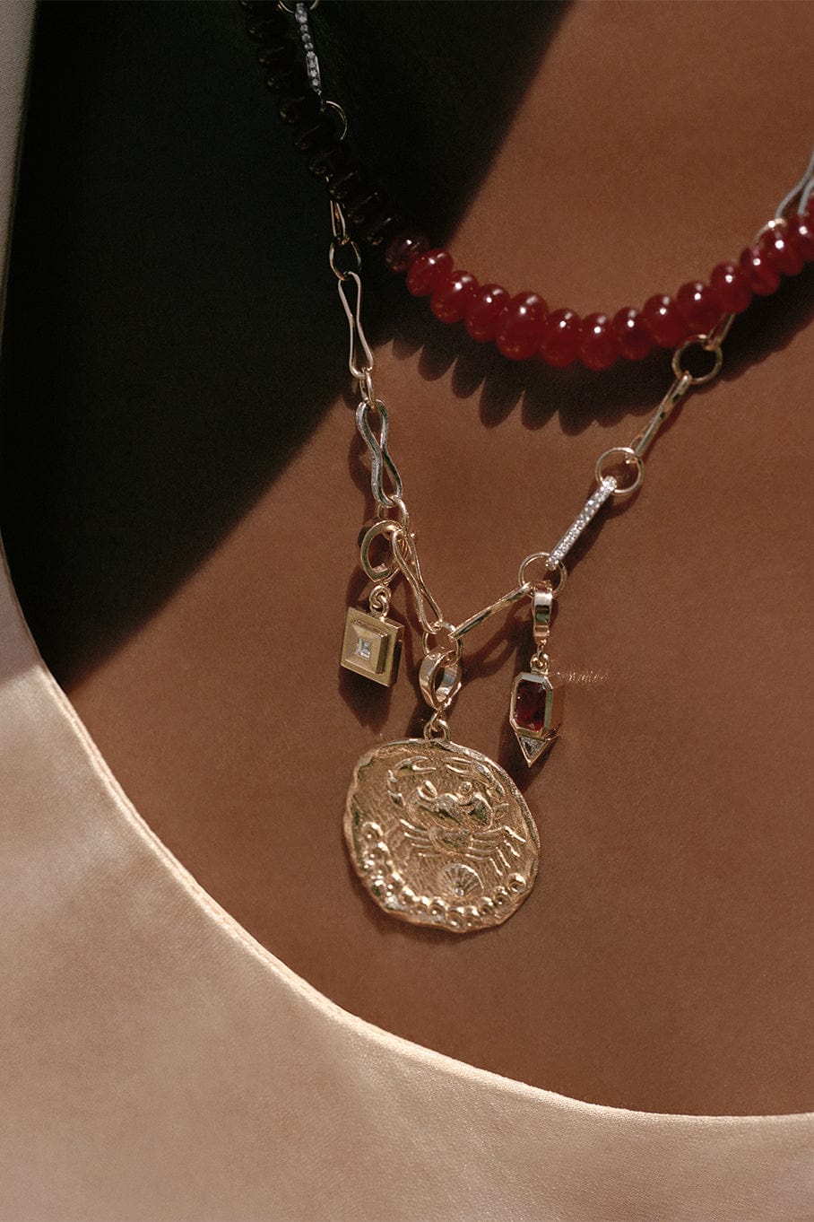 AZLEE-Rich Ruby Bead Necklace-YELLOW GOLD