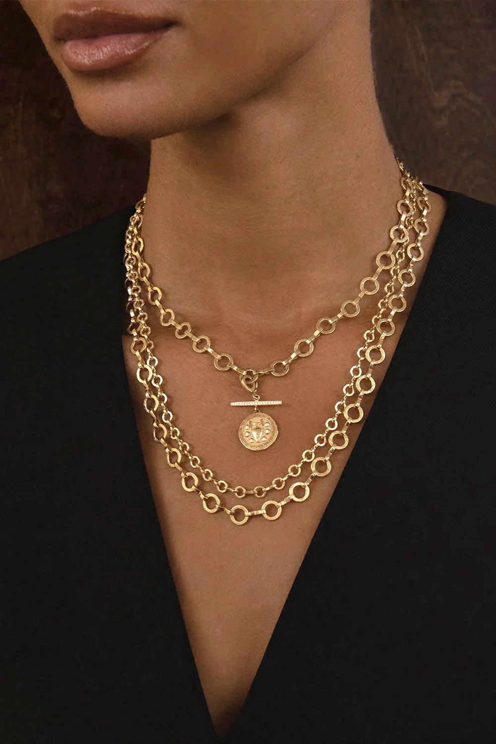 AZLEE-Heavy Circle Link Textured Chain-YELLOW GOLD