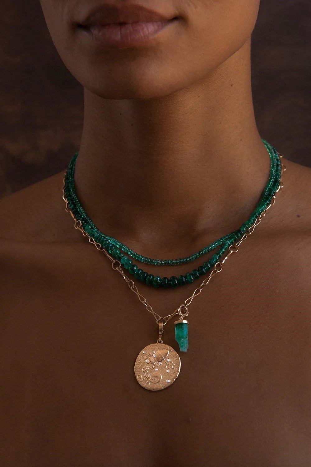 AZLEE-Small Light Emerald Bead Necklace-YELLOW GOLD