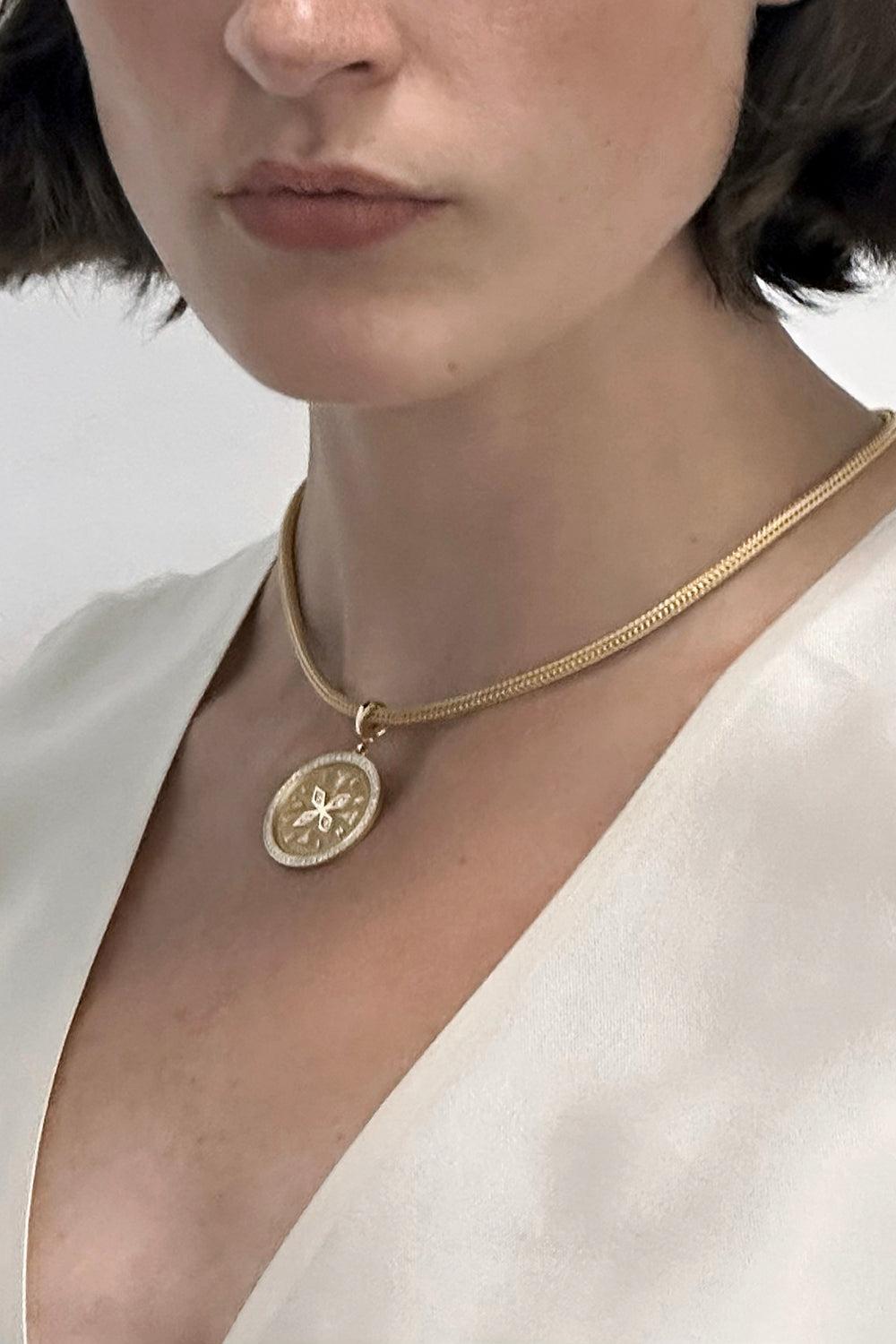 Diamond Pave Compass Large Coin Charm-YELLOW GOLD-JEWELRYFINE JEWELPENDANT-AZLEE