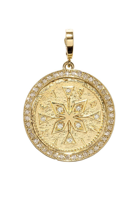 Diamond Pave Compass Large Coin Charm-YELLOW GOLD-JEWELRYFINE JEWELPENDANT-AZLEE