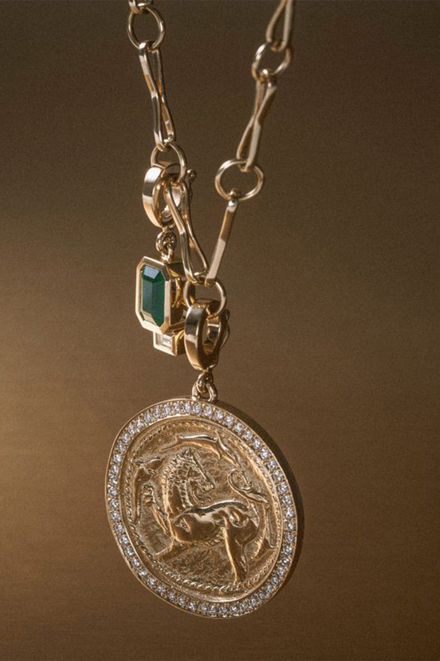 AZLEE-Emerald And Baguette Diamond Charm-YELLOW GOLD